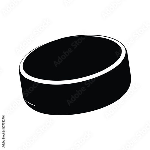 A black and white minimalist illustration of an ice hockey puck object, hockey puck silhouette vector illustration