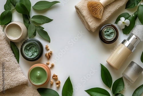 Natural Skincare Products Arranged Beautifully With Greenery and Soft Towels.