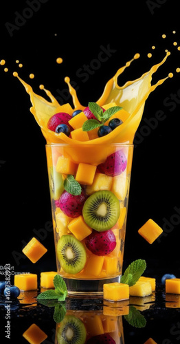 Glass filled with fruit and splash of orange juice