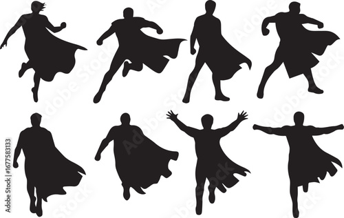 superhero silhouettes vector set with dynamic capes and action poses black figures comic hero illustration