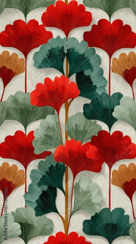 Colorful Ginkgo Leaves With Intricate Designs in a Botanical Pattern on a Whi...
