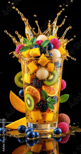 Glass filled with fruit and berries on black background