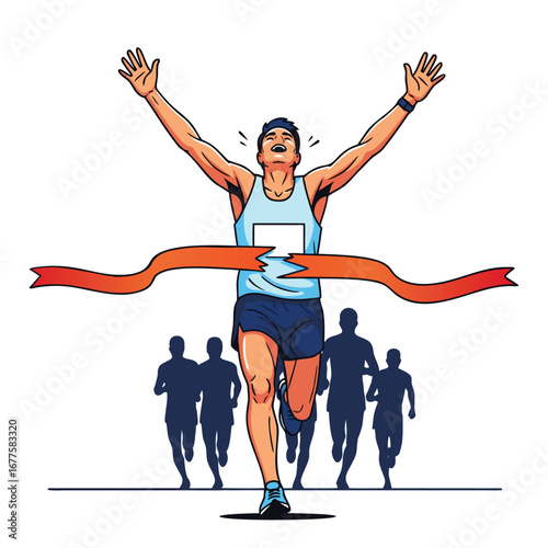 Illustration of a runner crossing the finish line, celebrating victory isolated on white background