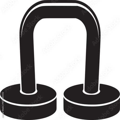 A simple black and white illustration of a u shaped magnet with circular bases on a white background