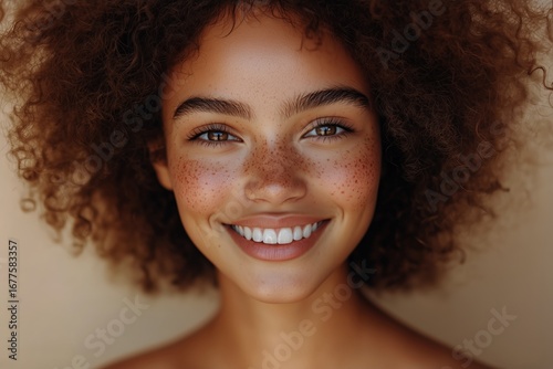 Beautiful Young Woman With Curly Hair Smiling Brightly Against a Warm Background