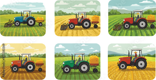 Farmers driving tractors on agricultural fields, harvesting crops, rural farming, modern agriculture, countryside landscape, and sustainable farming vector illustration.