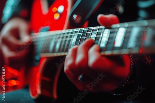 Musician Plays Electric Guitar With Passion in Vibrant Atmosphere During Even...