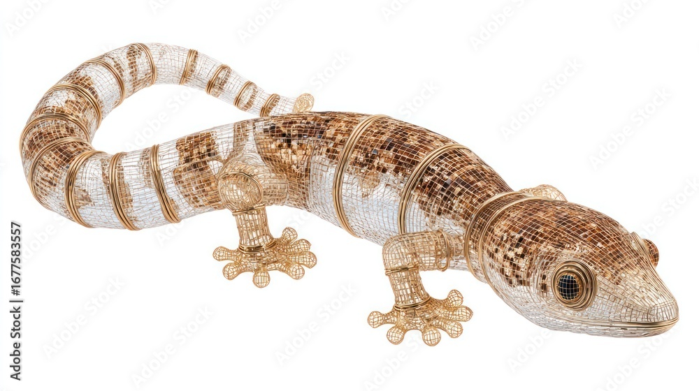 Fototapeta premium Intricate beaded lizard figurine; textured, light browns, tans and translucent