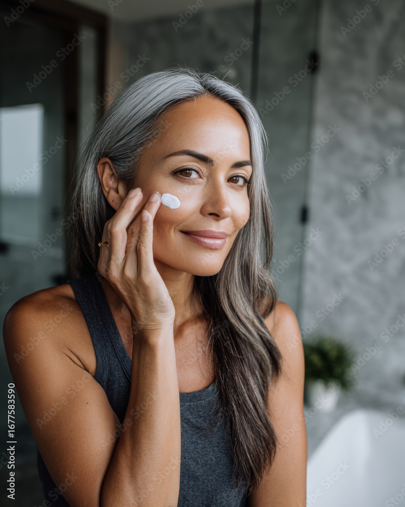 Fototapeta premium Confident woman with gray hair applying moisturizing cream on her face in a modern bathroom, promoting natural beauty and healthy skincare.