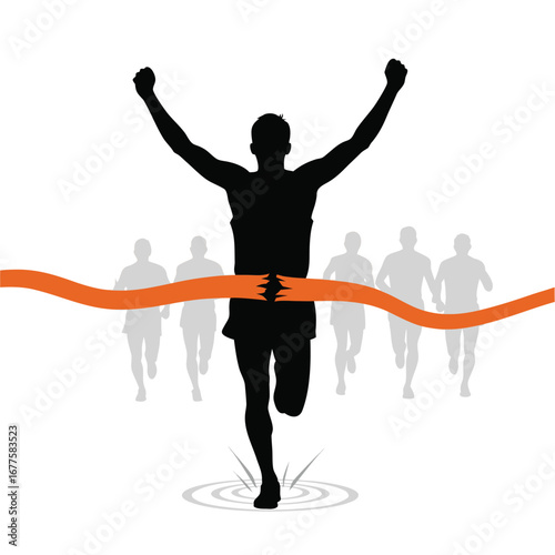 Silhouette of a runner crossing the finish line with other runners behind, isolated on white background