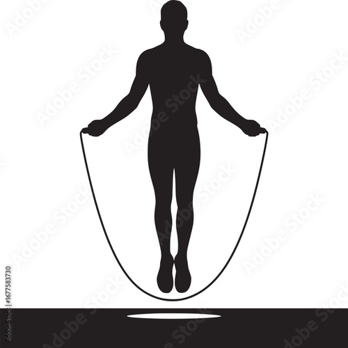 Silhouette of a man jumping rope against a white background in a black and white composition