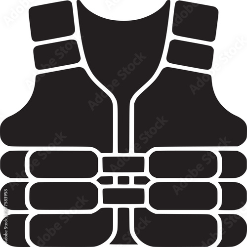 A black and white graphic illustration of a life vest or life jacket on a white background