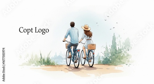Couple enjoys a romantic bike ride through a serene natural landscape with lush greenery.