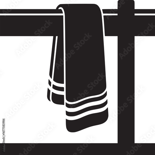 A black and white graphic of a towel hanging on a rack with stripes at the bottom edge design