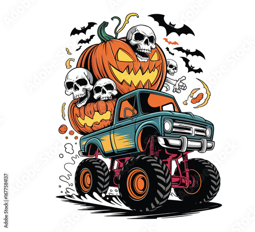 Monster truck with pumpkin wheels crushing skulls in black and white isolated halloween vector illustration.