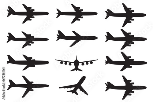 modern airplane silhouette icons set for transportation and travel design with twelve commercial jetliner profiles