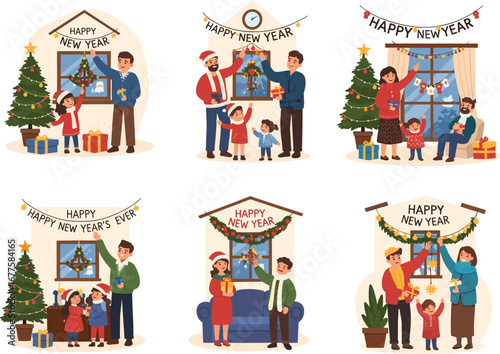 Happy New Year family celebration at home, decorating Christmas tree, exchanging gifts, enjoying holidays, winter festival, and festive season illustration.