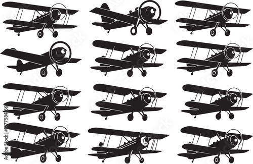 vintage biplane silhouette vector collection 12 designs in grid layout for aviation illustration retro aircraft print