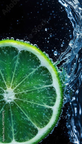 A slice of lime with water splashing on it