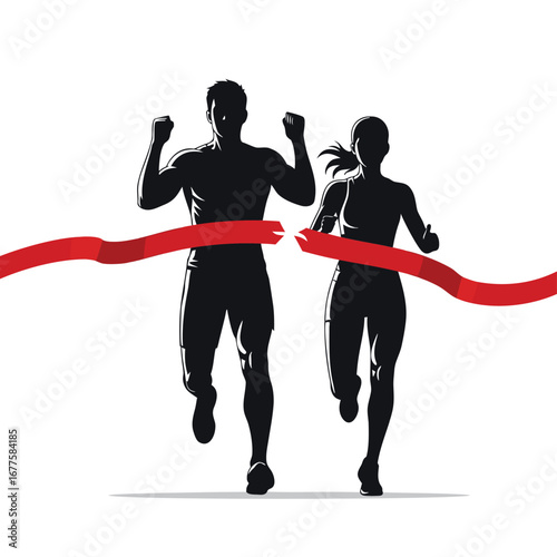 Silhouette illustration of a man and woman runners crossing the finish line with a ribbon isolated on white background