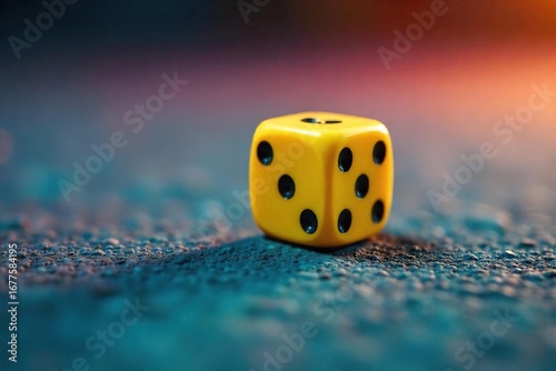 Close-up of a single yellow die rolling across a textured surface, capturing the motion blur and vibrant color The image evokes a sense of chance, luck, and games , game piece, six-sided, fortune
