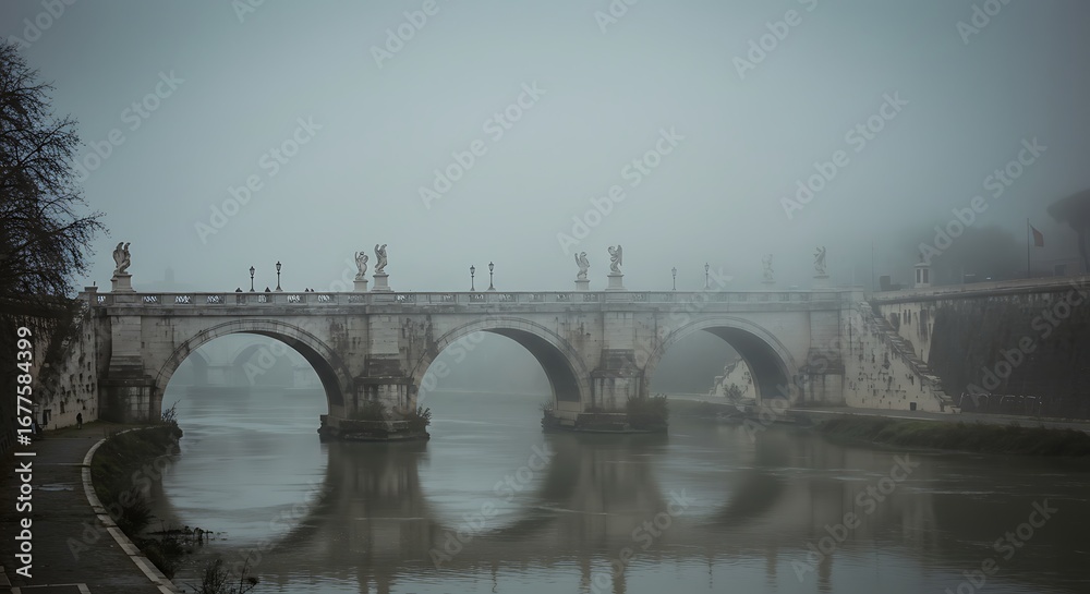 Fototapeta premium Ancient bridge in rome shrouded in atmospheric mist creating a ghostly ambiance