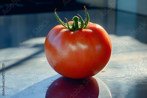 Single Ripe Red Tomato on Reflective Surface