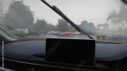 rain falling on car windscreen with wiper blades