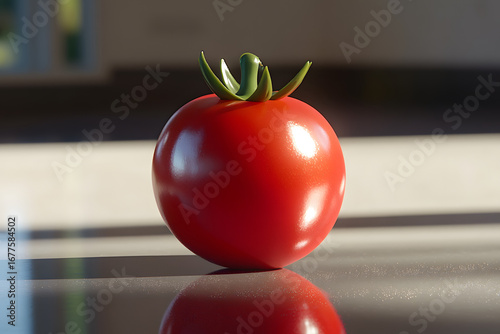 Single Ripe Cherry Tomato on Reflective Surface