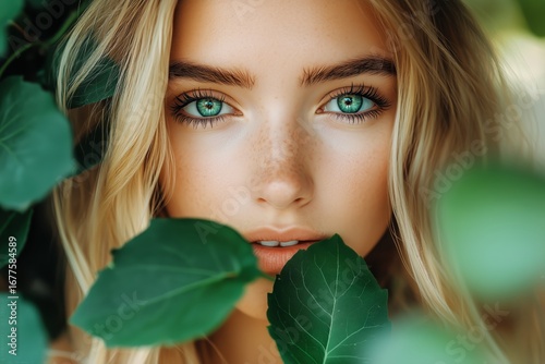 Young Woman With Striking Eyes Poses Among Green Leaves and Flowers in a Sere...