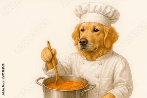 Fototapeta Naklejka Na Ścianę i Meble -  The dog-chef cooks soup in a saucepan. Space for text.