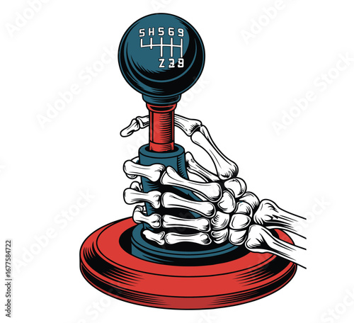 Skeleton hand on gear shift inside truck in black and white isolated halloween vector illustration