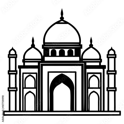 Iconic black and white illustration of taj mahal with intricate architectural details