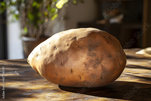 Rustic Single Potato on Wooden Surface:  Farm-Fresh Produce Photography