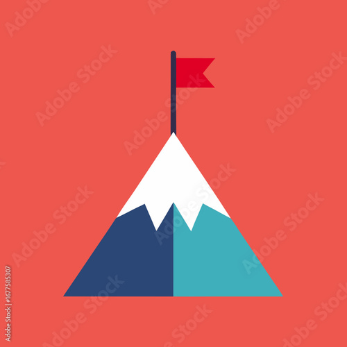 Flat Icon of Mountain with Flag on Top Achievement Vector
