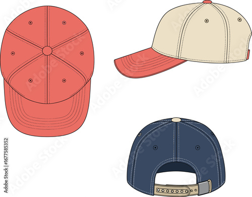 Stylish baseball caps vector illustration showing front, back, and side views, perfect for fashion design, branding, and apparel mockups