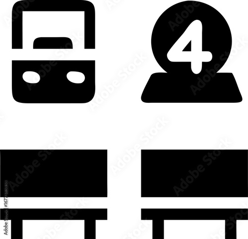 Modern minimalist icon set featuring a bus and a fourth place award, perfect for transportation themes