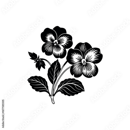Elegant floral arrangement featuring pansy flowers and leaves in a sleek black silhouette