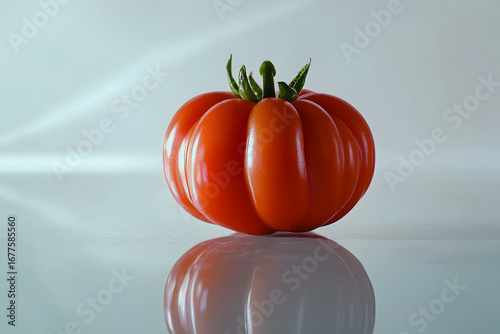 Juicy Heirloom Tomato on Reflective Surface: Vibrant Red Produce Photography