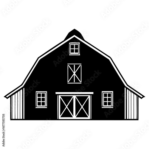 Classic black and white barn illustration with large doors and windows