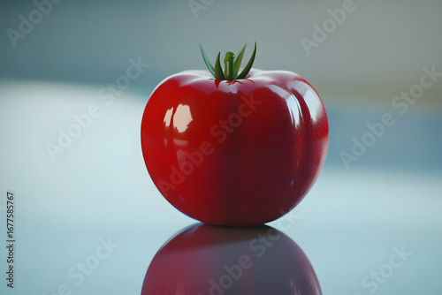 Vibrant Red Tomato on Reflective Surface: Fresh Produce, Culinary Still Life