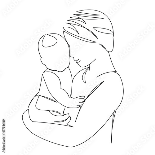 One continuous single drawing line art doodle child, baby, mom, parent, mother. Isolated flat illustration hand draw contour on a white background

