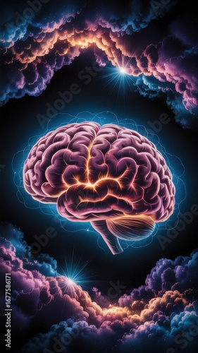 Human Brain Surrounded by Cosmic Clouds and Light mind