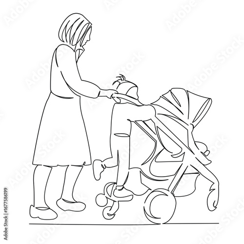 One continuous single drawing line art doodle child, baby, mom, parent, mother. Isolated flat illustration hand draw contour on a white background
