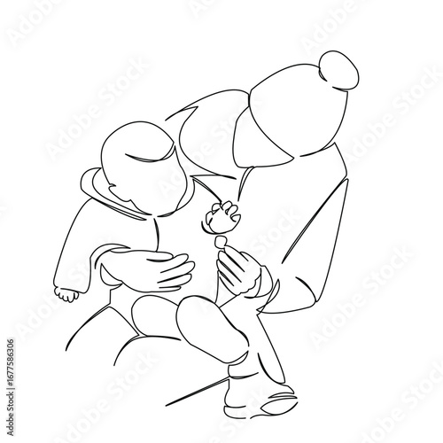 One continuous single drawing line art doodle child, baby, mom, parent, mother. Isolated flat illustration hand draw contour on a white background
