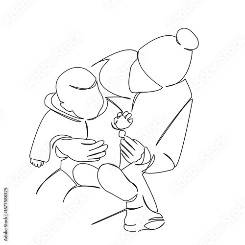 One continuous single drawing line art doodle child, baby, mom, parent, mother. Isolated flat illustration hand draw contour on a white background
