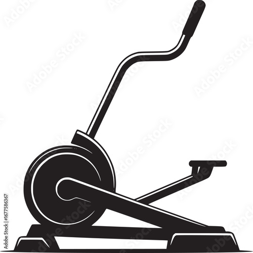 A black and white illustration of an elliptical machine on a white background in vector format
