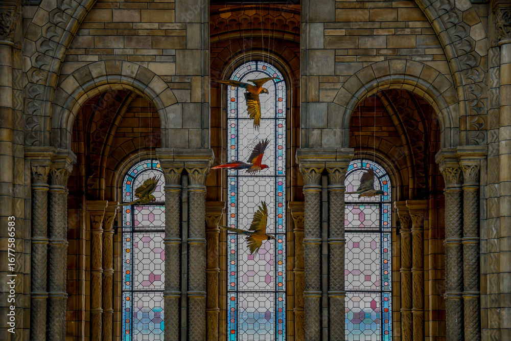 Fototapeta premium Stained Glass Windows and Suspended Birds – Natural History Museum London