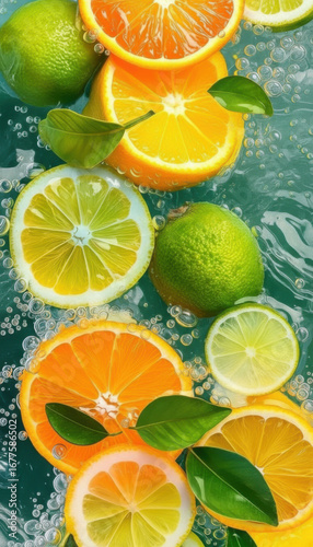 A bunch of lemons and limes floating in water