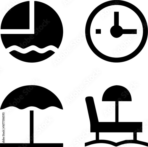 Plan a relaxing getaway with beach chair, umbrella, time, and beach travel data icons